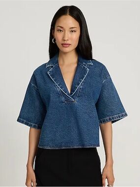 Express Medium Wash Denim Collared V-Neck Short Sleeve Tee. Women’s size L.